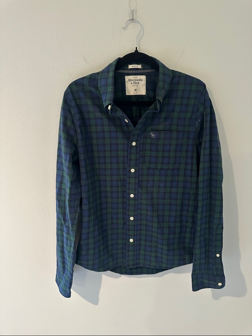 Vintage Abercrombie & Fitch Green and Blue Plaid Button-Down Shirt Size Medium